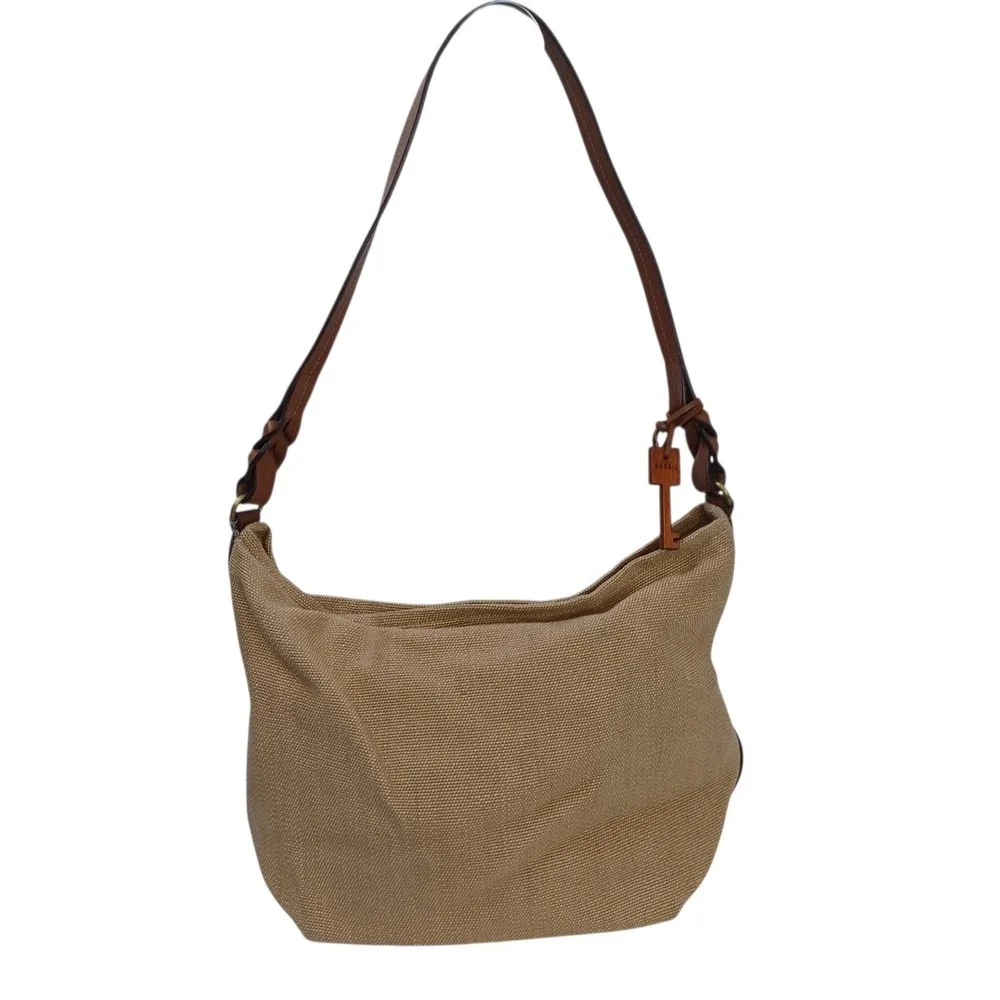 Fossil Tan Canvas Leather Trim Hobo Shoulder Bag with Braided‎ Strap Key Charm